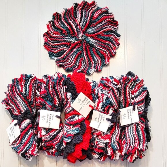5 Bundles of 3 Handmade Knitted Dish Cloths Hot Pads Holiday Colors NEW - Picture 1 of 8
